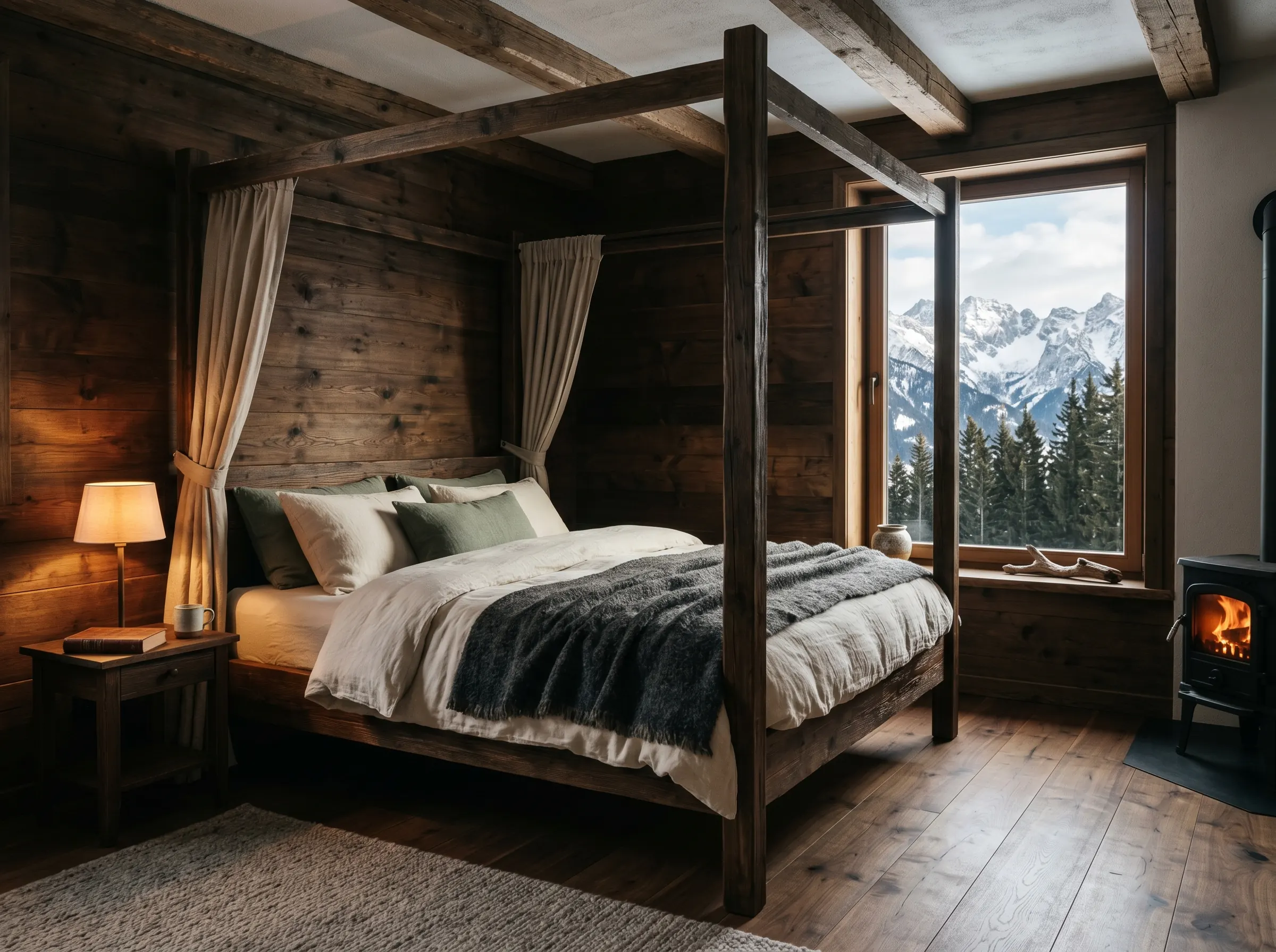 Un dormitorio en un chalé alpino de madera en Tirol con una ventana enmarcando cumbres nevadas