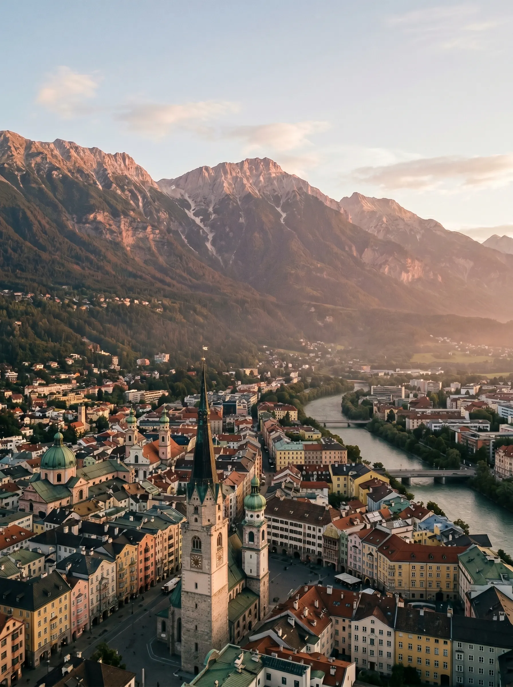 Vista aérea del casco antiguo de Innsbruck con la cordillera Nordkette al fondo en la hora dorada
