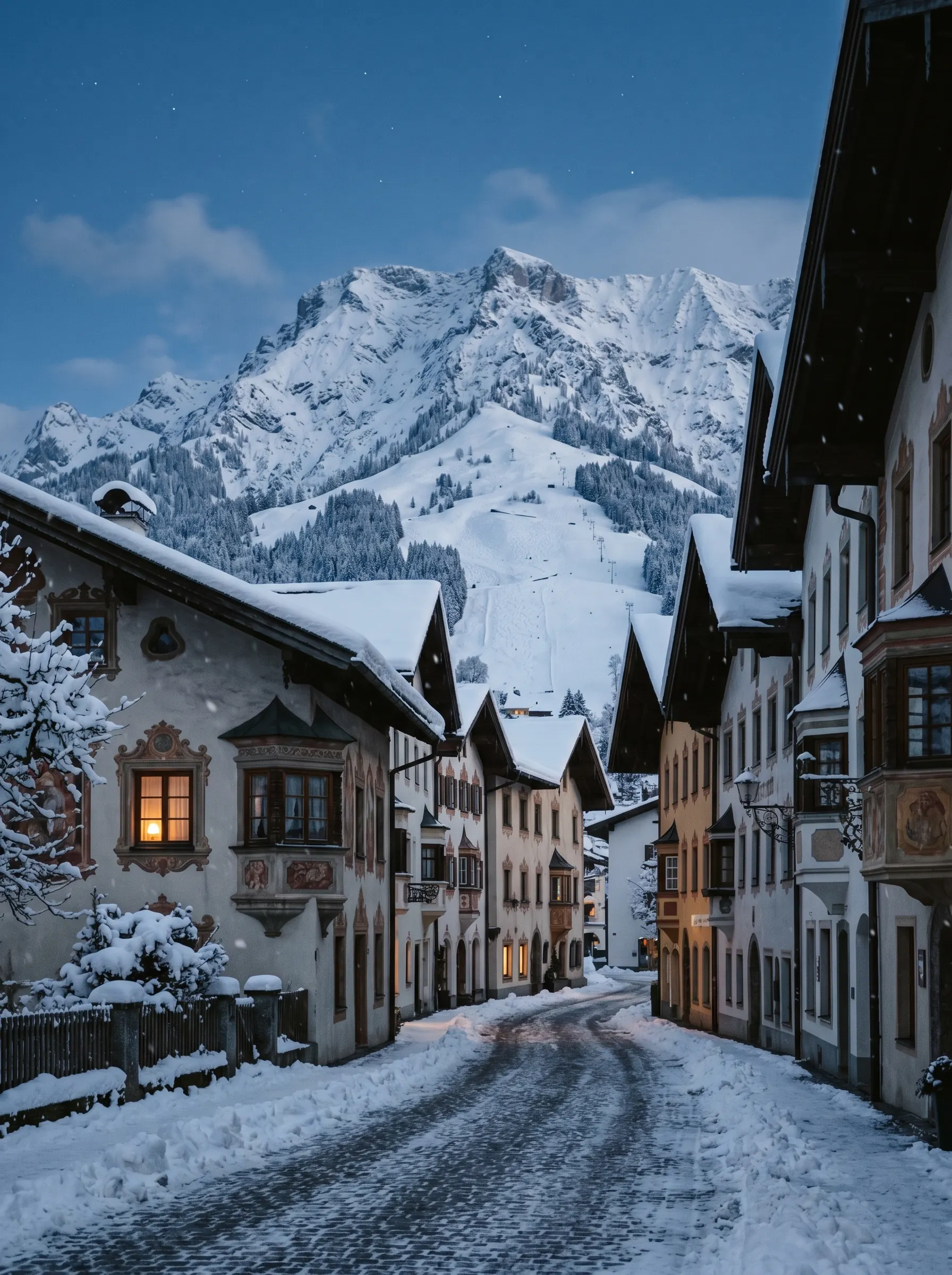 Casco antiguo medieval de Kitzbühel espolvoreado de nieve al anochecer bajo el Hahnenkamm