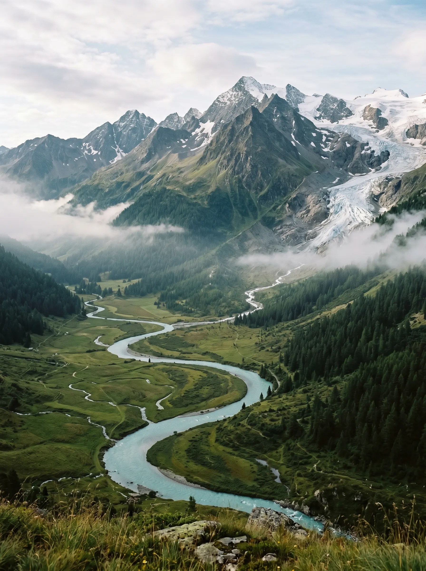El valle de Ötztal con río glaciar y campos de nieve bajo la niebla matutina