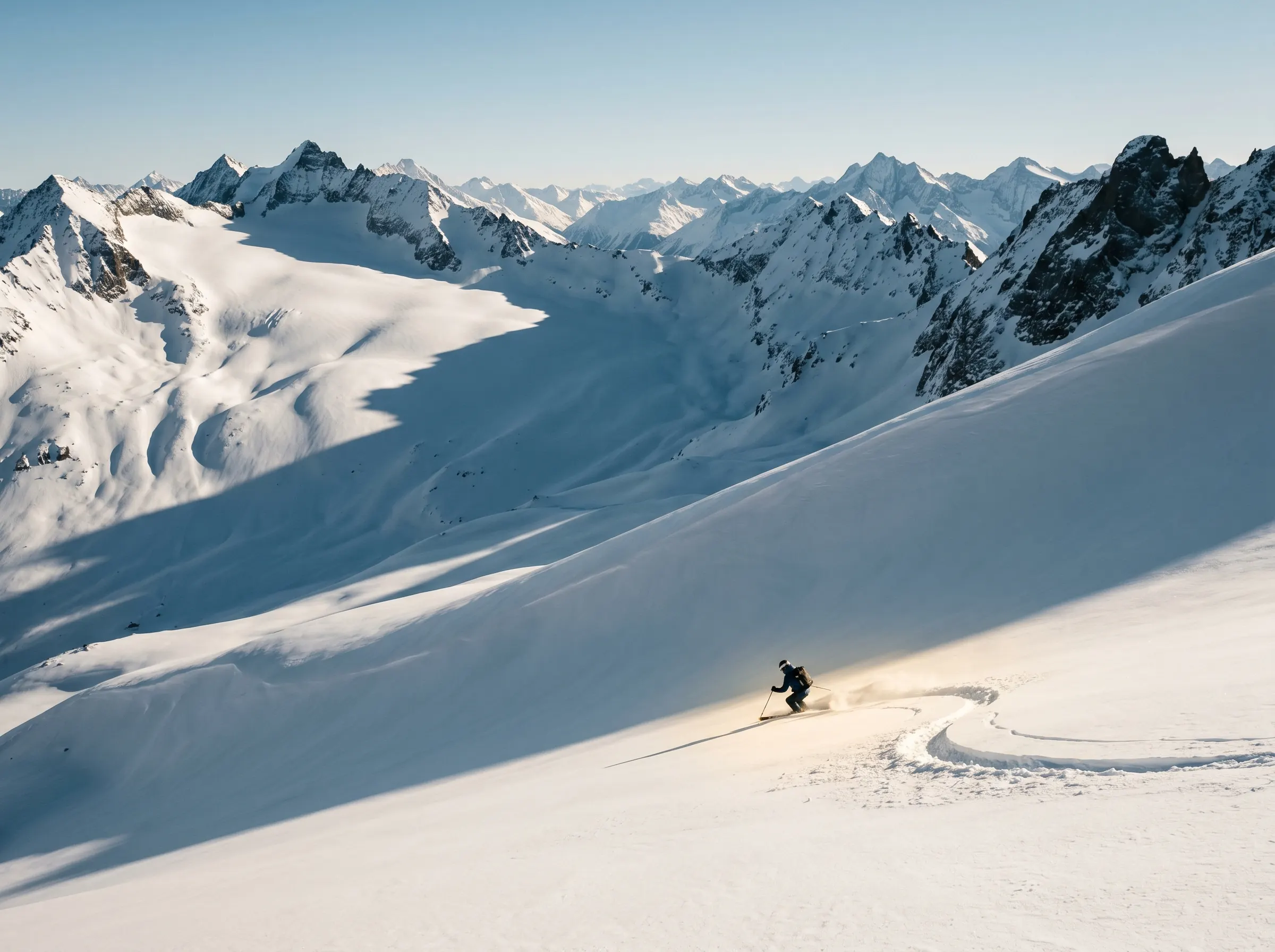 Un esquiador solitario trazando una curva en S sobre nieve virgen al amanecer en Tirol