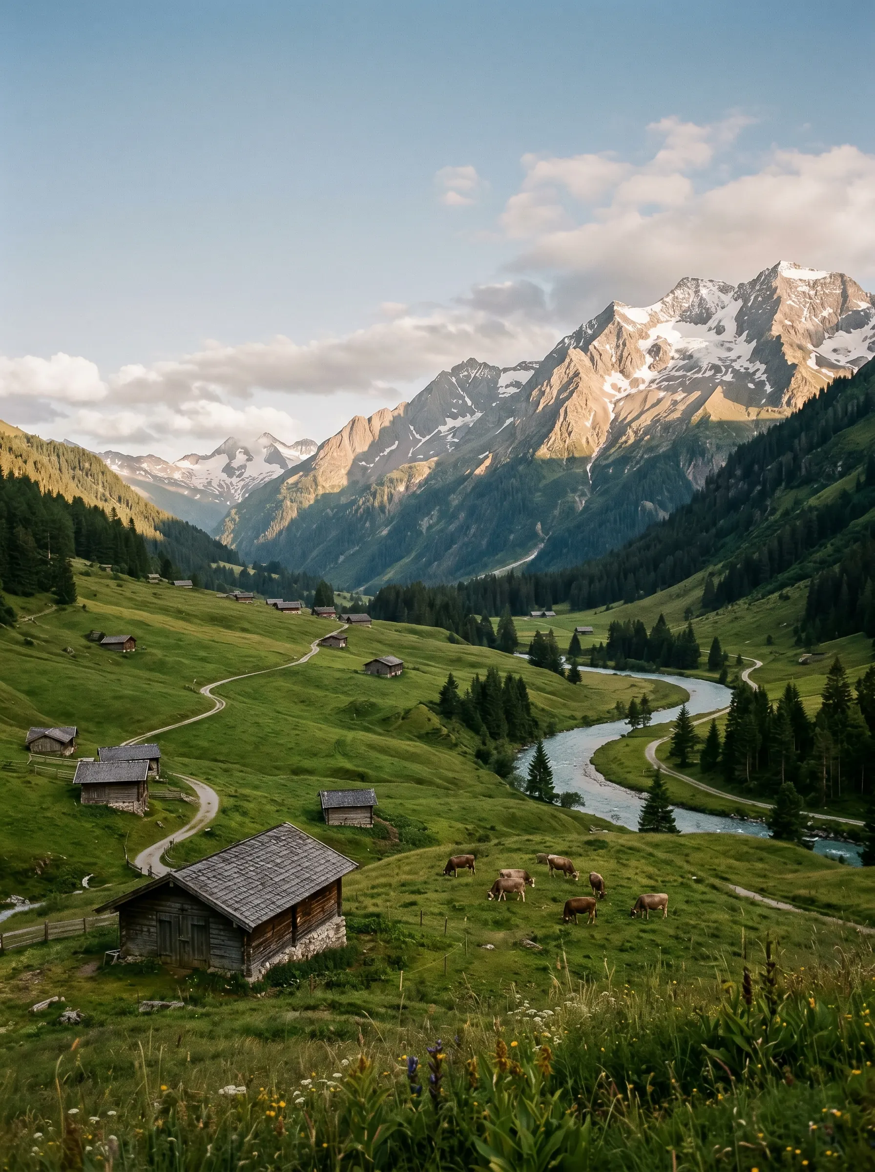 Prados del valle de Zillertal y oscuras cabañas de madera bajo cumbres nevadas